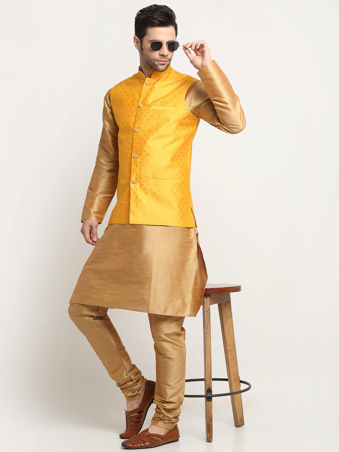 KRAFT INDIA Men's Silk Gold Kurta Churidar With Polka Dotted Nehru Jacket Set - Image 33