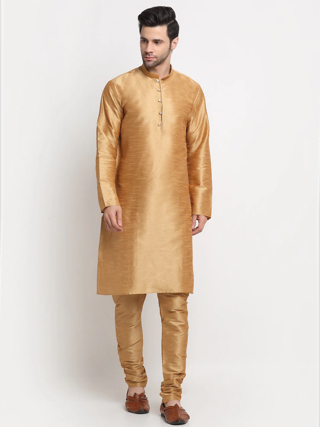 KRAFT INDIA Men's Silk Gold Kurta Churidar With Polka Dotted Nehru Jacket Set - Image 34
