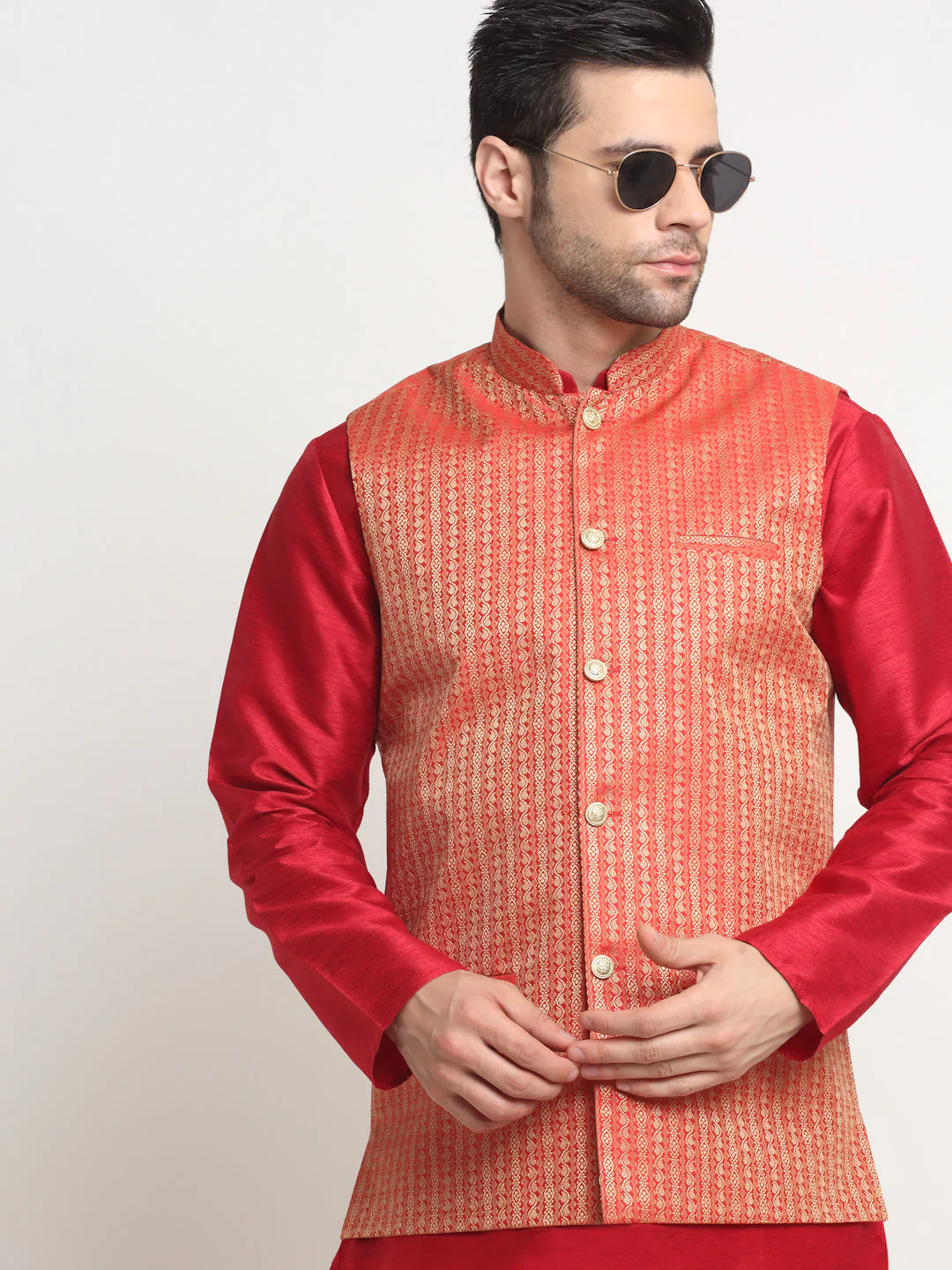KRAFT INDIA Men's Silk Maroon Kurta Churidar with Nehru Jacket Set - Image 15