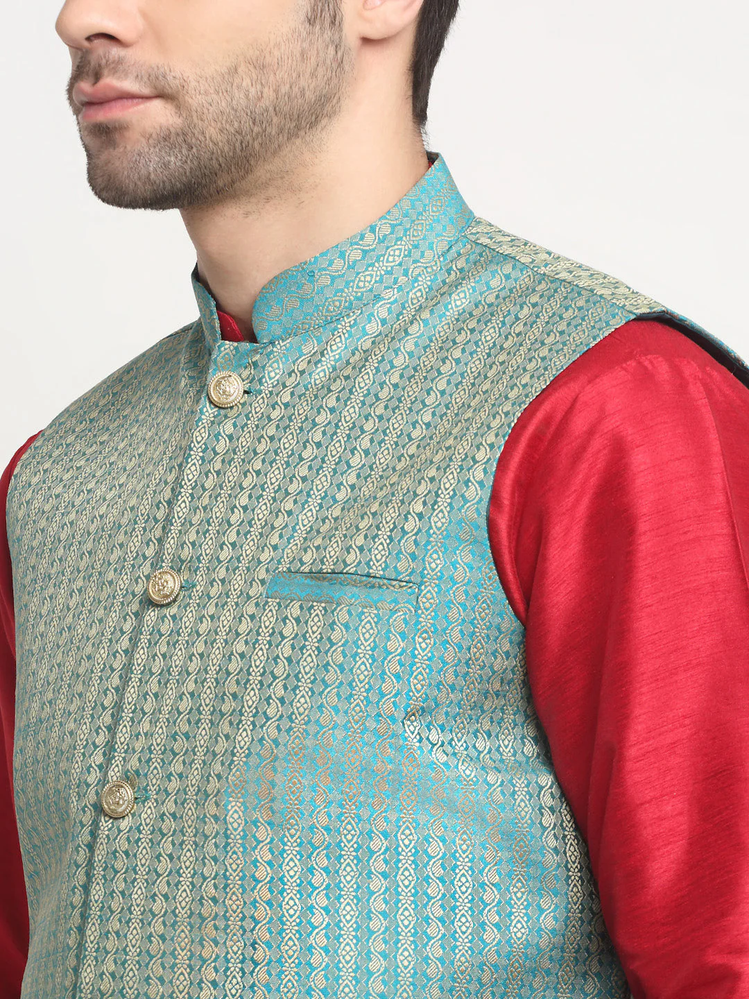 KRAFT INDIA Men's Silk Maroon Kurta Churidar with Nehru Jacket Set - Image 22
