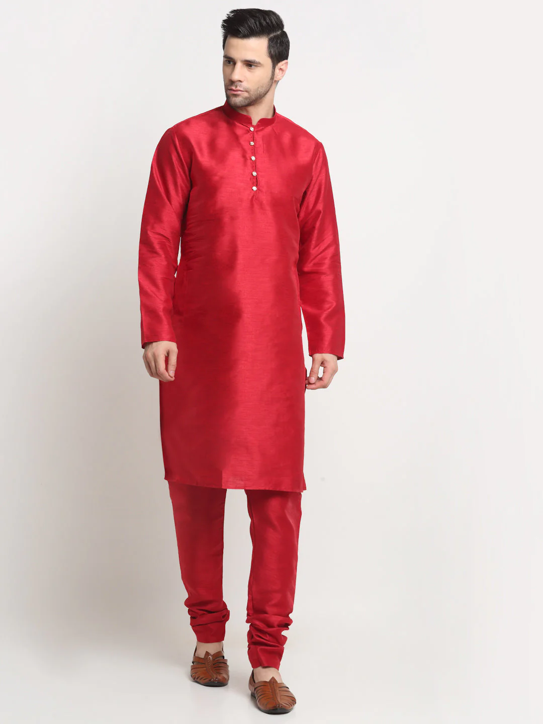 KRAFT INDIA Men's Silk Maroon Kurta Churidar with Nehru Jacket Set - Image 7