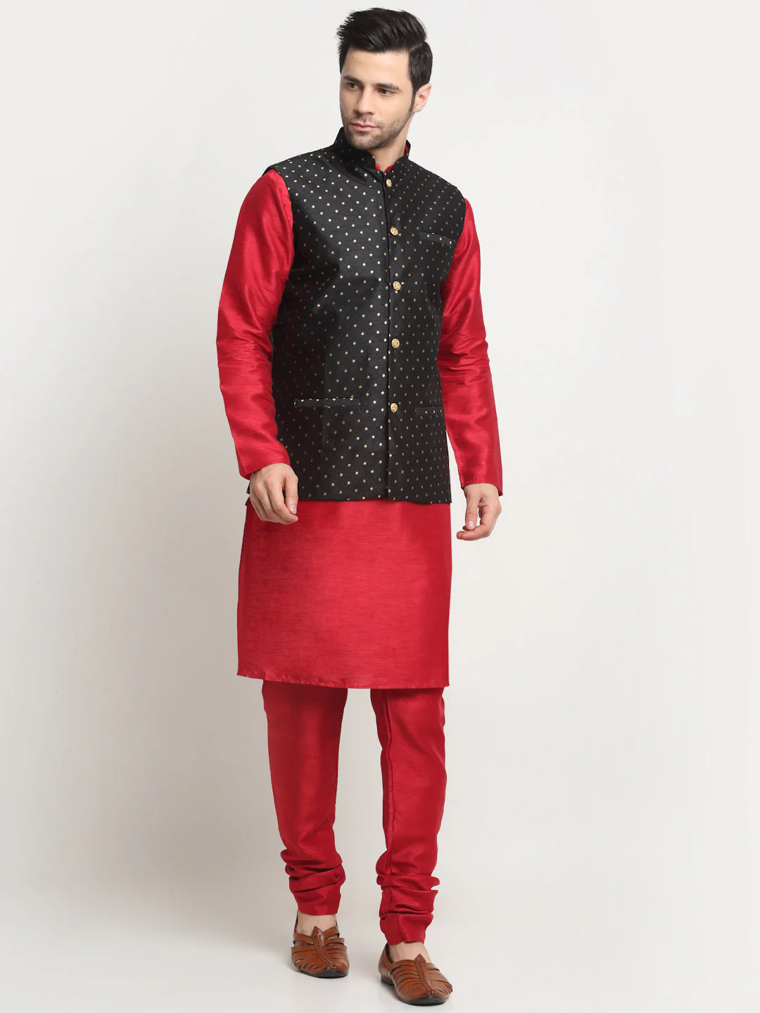 KRAFT INDIA Men's Silk Maroon Kurta Churidar With Polka Dotted Nehru Jacket Set - Image 10