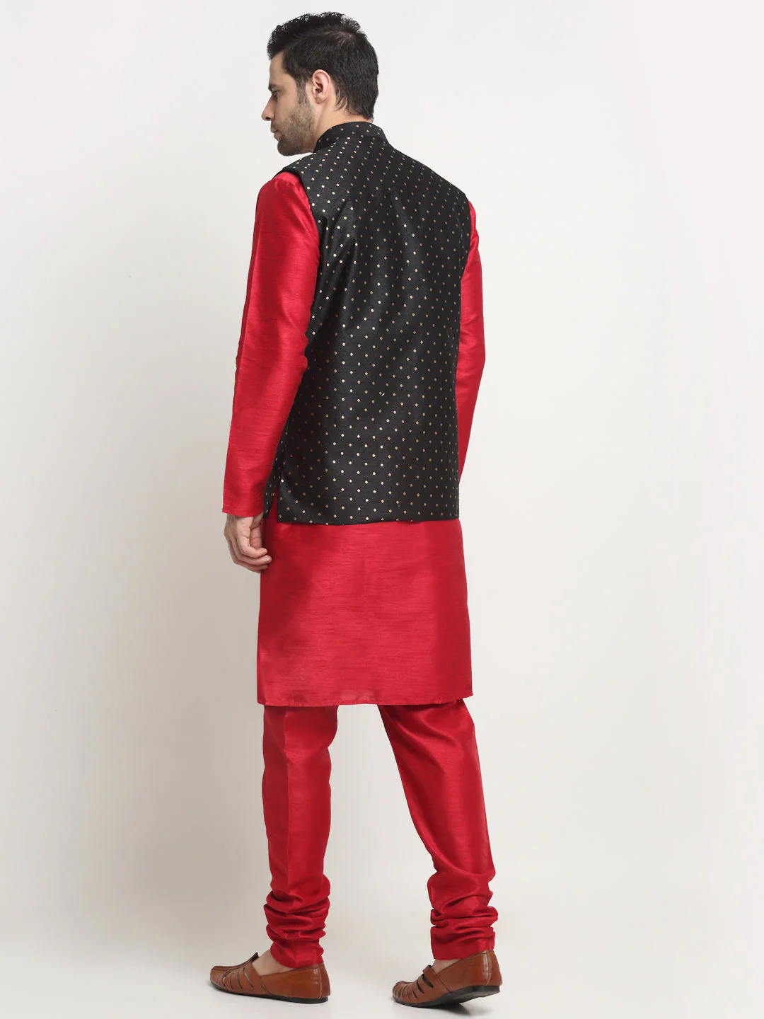 KRAFT INDIA Men's Silk Maroon Kurta Churidar With Polka Dotted Nehru Jacket Set - Image 11