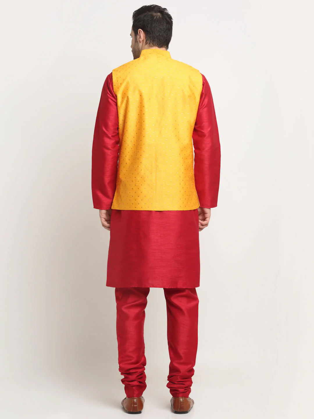 KRAFT INDIA Men's Silk Maroon Kurta Churidar With Polka Dotted Nehru Jacket Set - Image 2