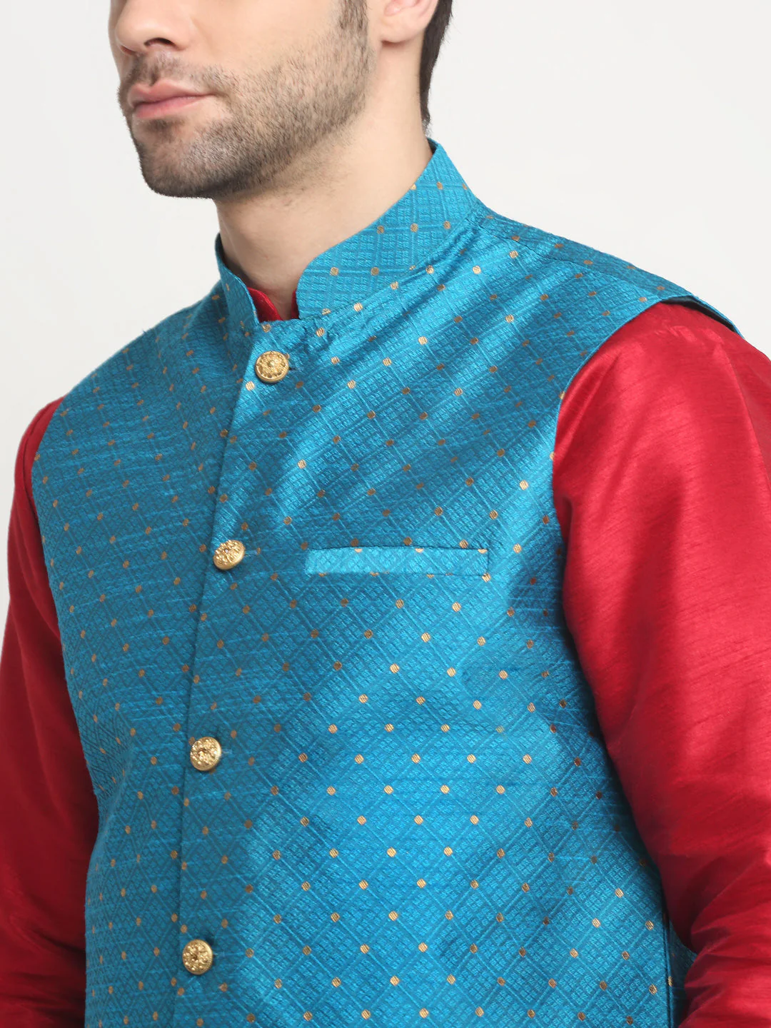 KRAFT INDIA Men's Silk Maroon Kurta Churidar With Polka Dotted Nehru Jacket Set - Image 24