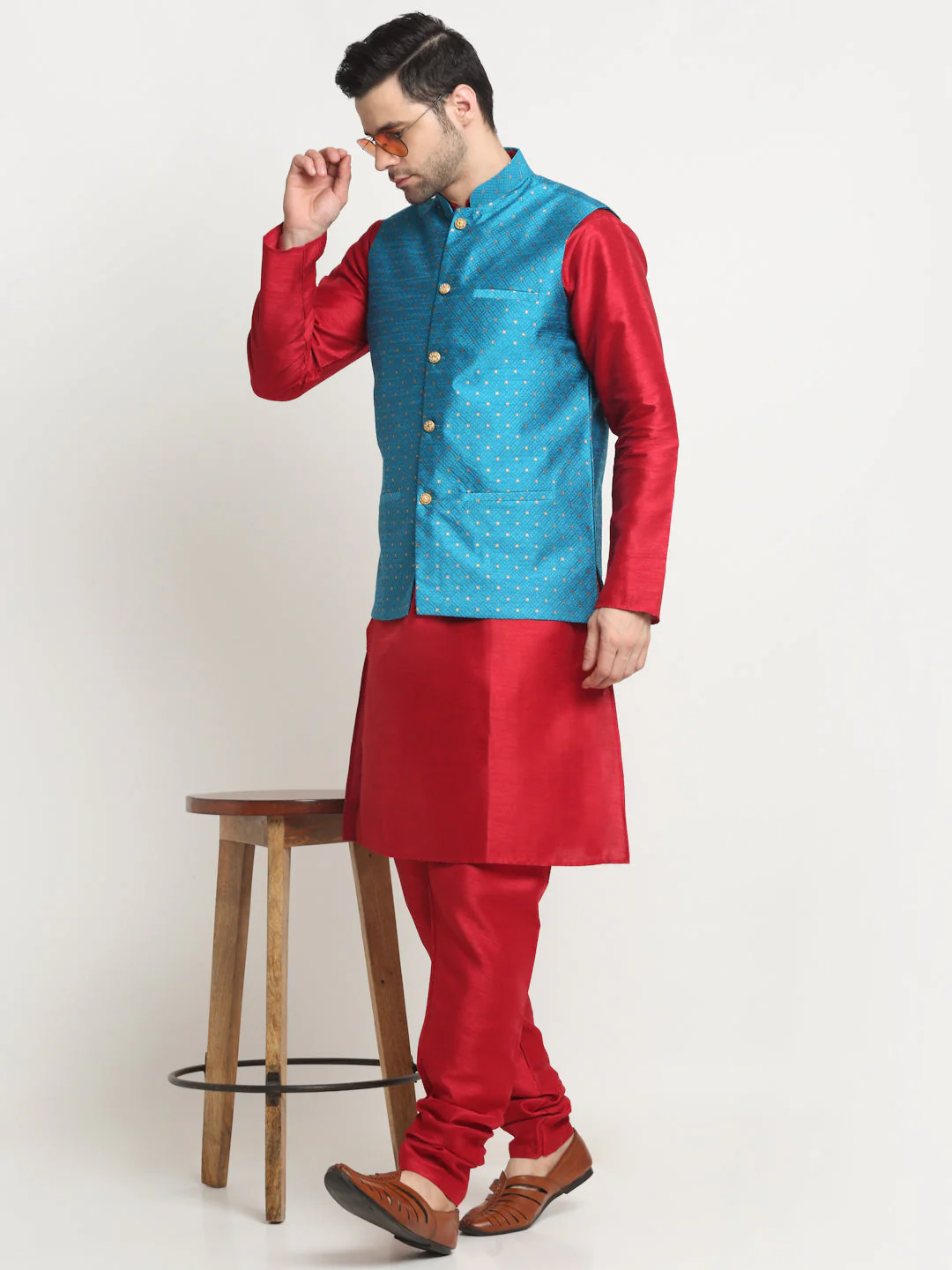 KRAFT INDIA Men's Silk Maroon Kurta Churidar With Polka Dotted Nehru Jacket Set - Image 25