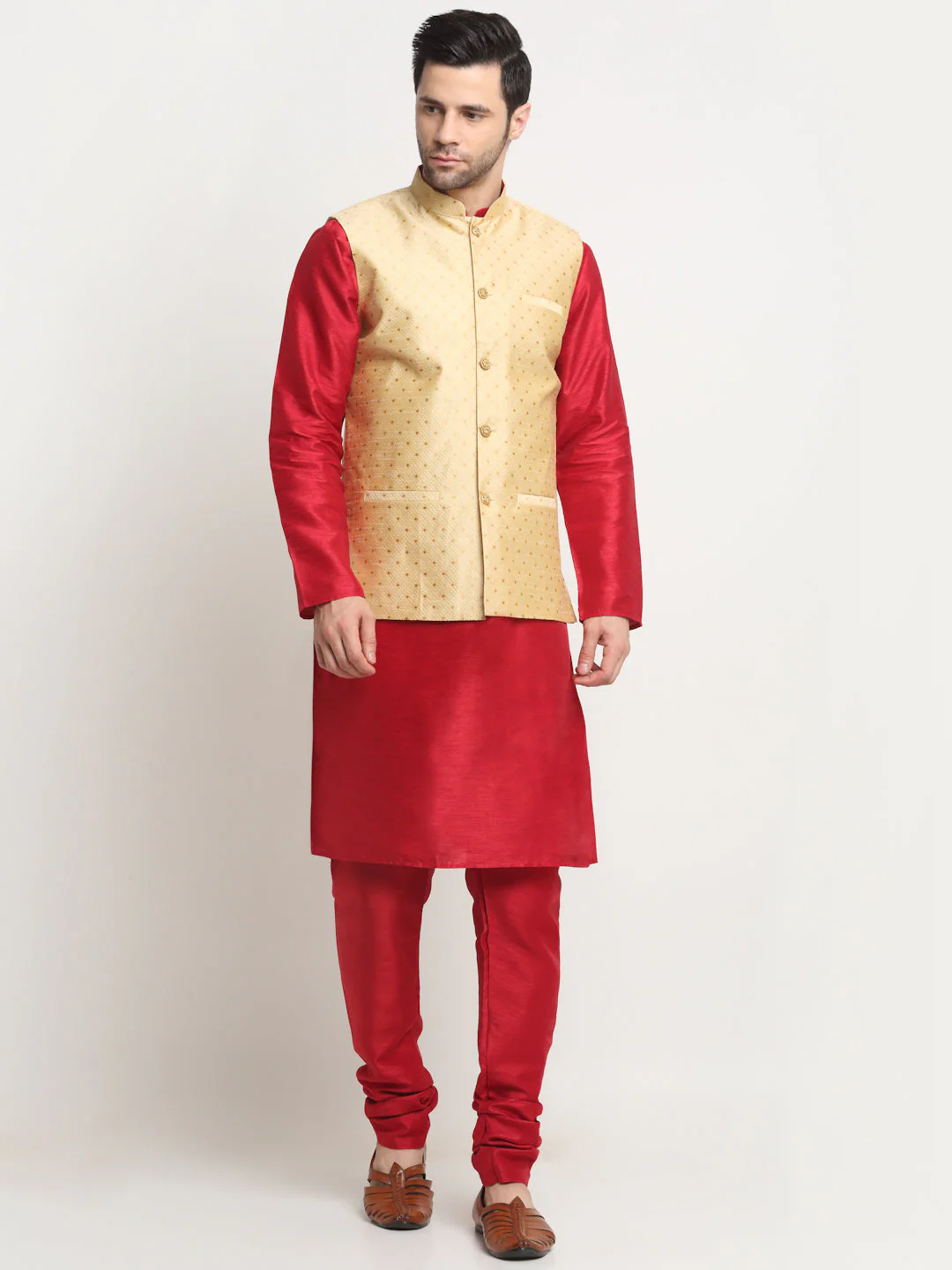 KRAFT INDIA Men's Silk Maroon Kurta Churidar With Polka Dotted Nehru Jacket Set - Image 28