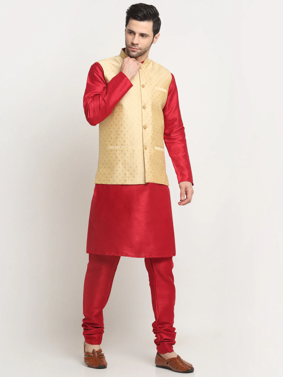 KRAFT INDIA Men's Silk Maroon Kurta Churidar With Polka Dotted Nehru Jacket Set - Image 30