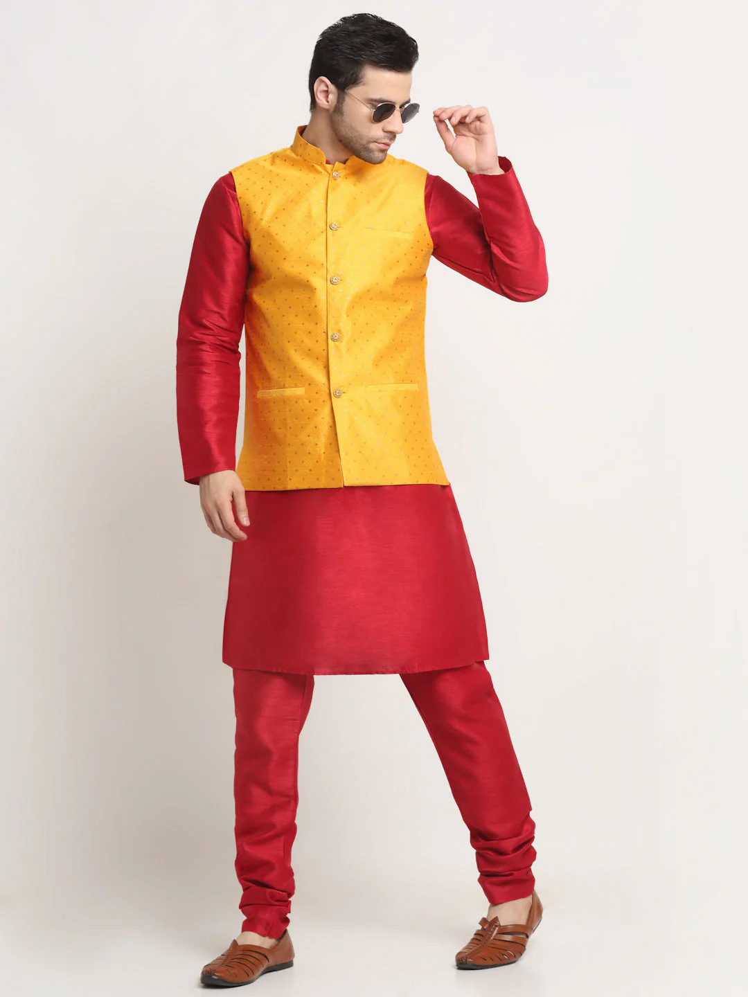 KRAFT INDIA Men's Silk Maroon Kurta Churidar With Polka Dotted Nehru Jacket Set - Image 5