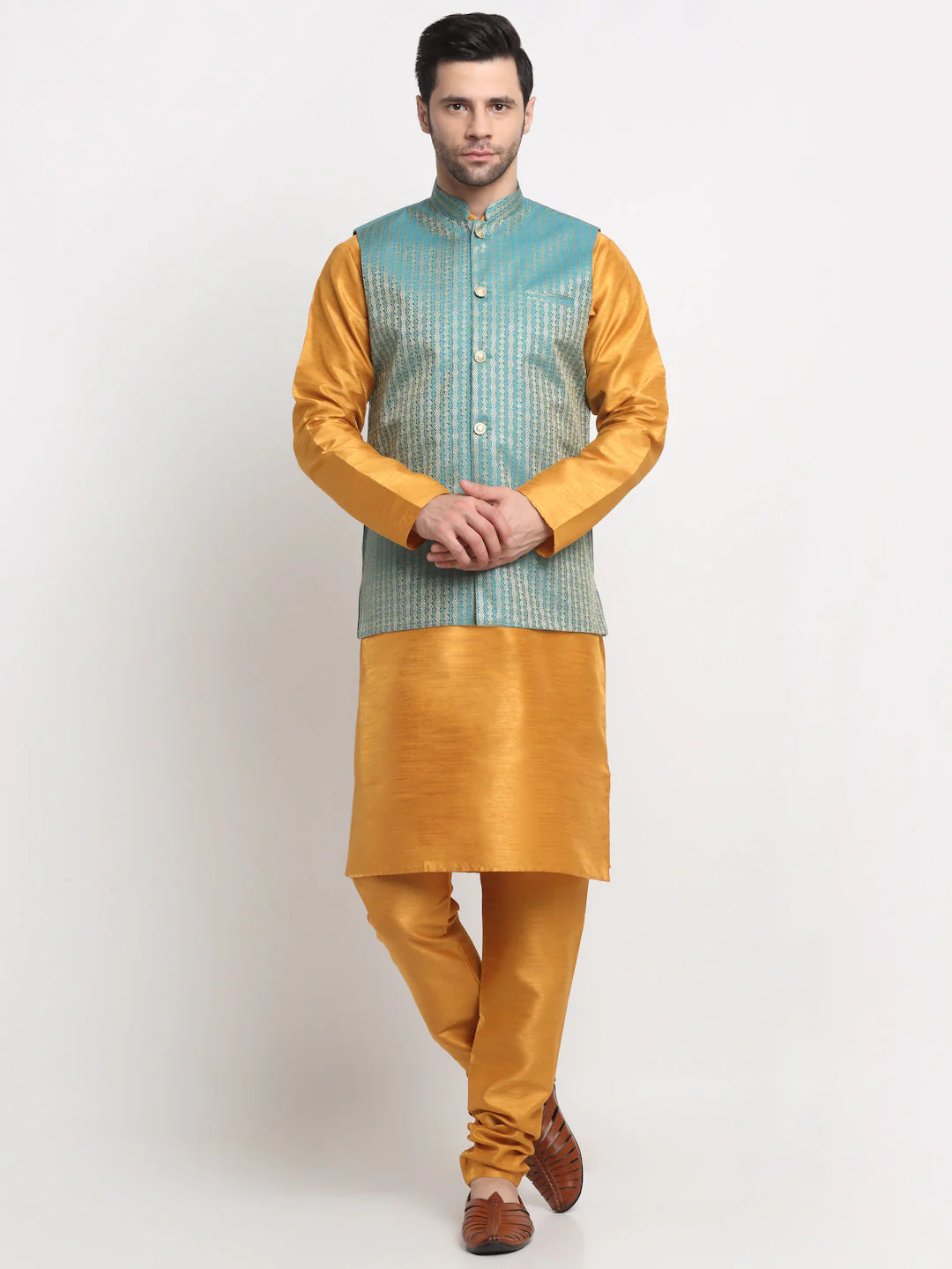 KRAFT INDIA Men's Silk Mustard Kurta Churidar with Nehru Jacket Set - Image 10