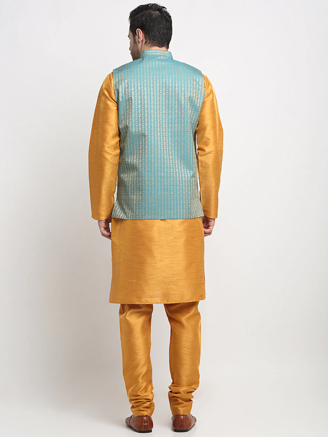 KRAFT INDIA Men's Silk Mustard Kurta Churidar with Nehru Jacket Set - Image 11