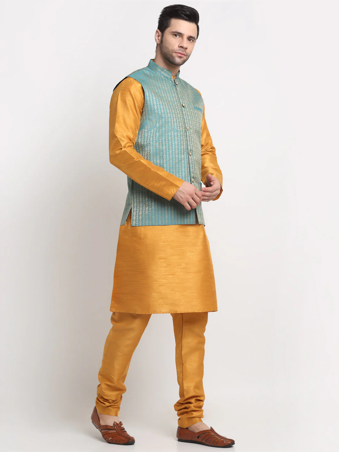 KRAFT INDIA Men's Silk Mustard Kurta Churidar with Nehru Jacket Set - Image 12
