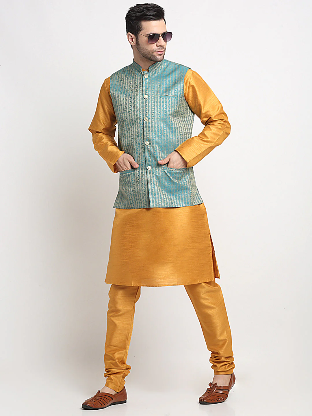KRAFT INDIA Men's Silk Mustard Kurta Churidar with Nehru Jacket Set - Image 14
