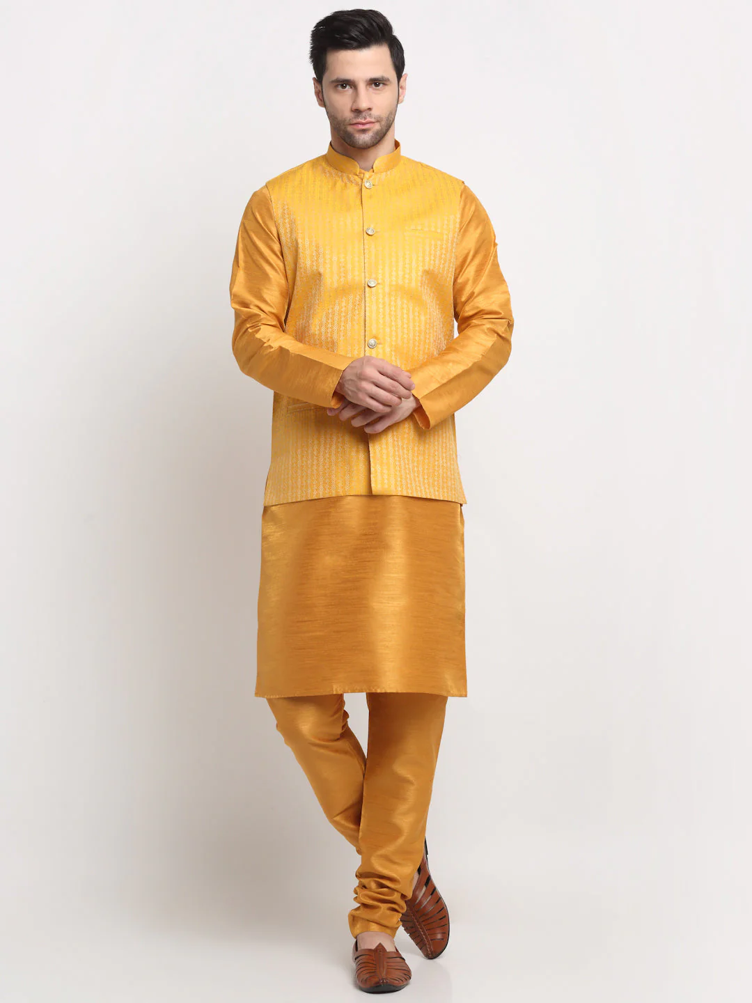 KRAFT INDIA Men's Silk Mustard Kurta Churidar with Nehru Jacket Set - Image 19