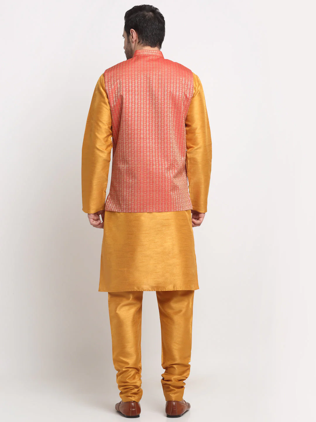 KRAFT INDIA Men's Silk Mustard Kurta Churidar with Nehru Jacket Set - Image 2