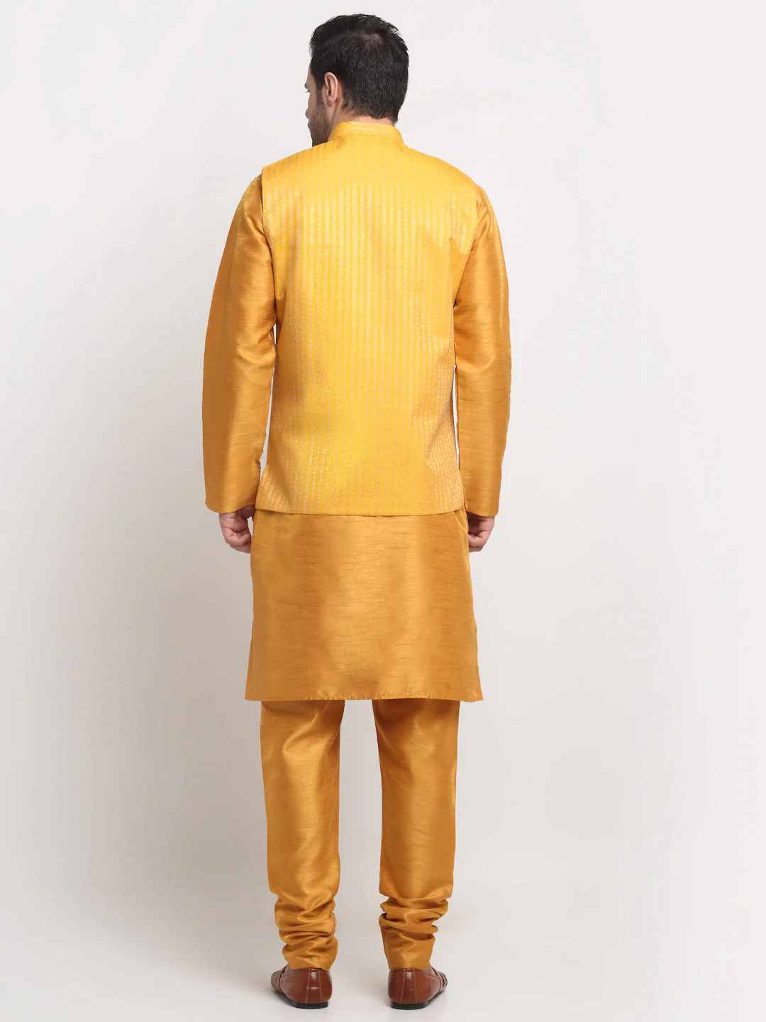 KRAFT INDIA Men's Silk Mustard Kurta Churidar with Nehru Jacket Set - Image 20