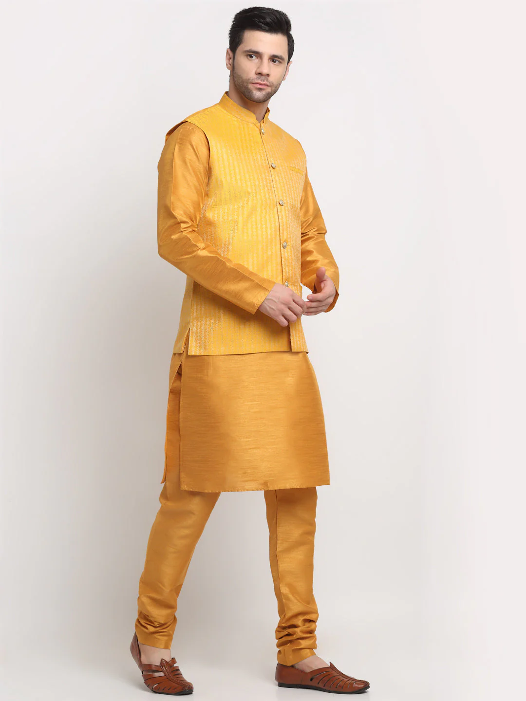 KRAFT INDIA Men's Silk Mustard Kurta Churidar with Nehru Jacket Set - Image 21