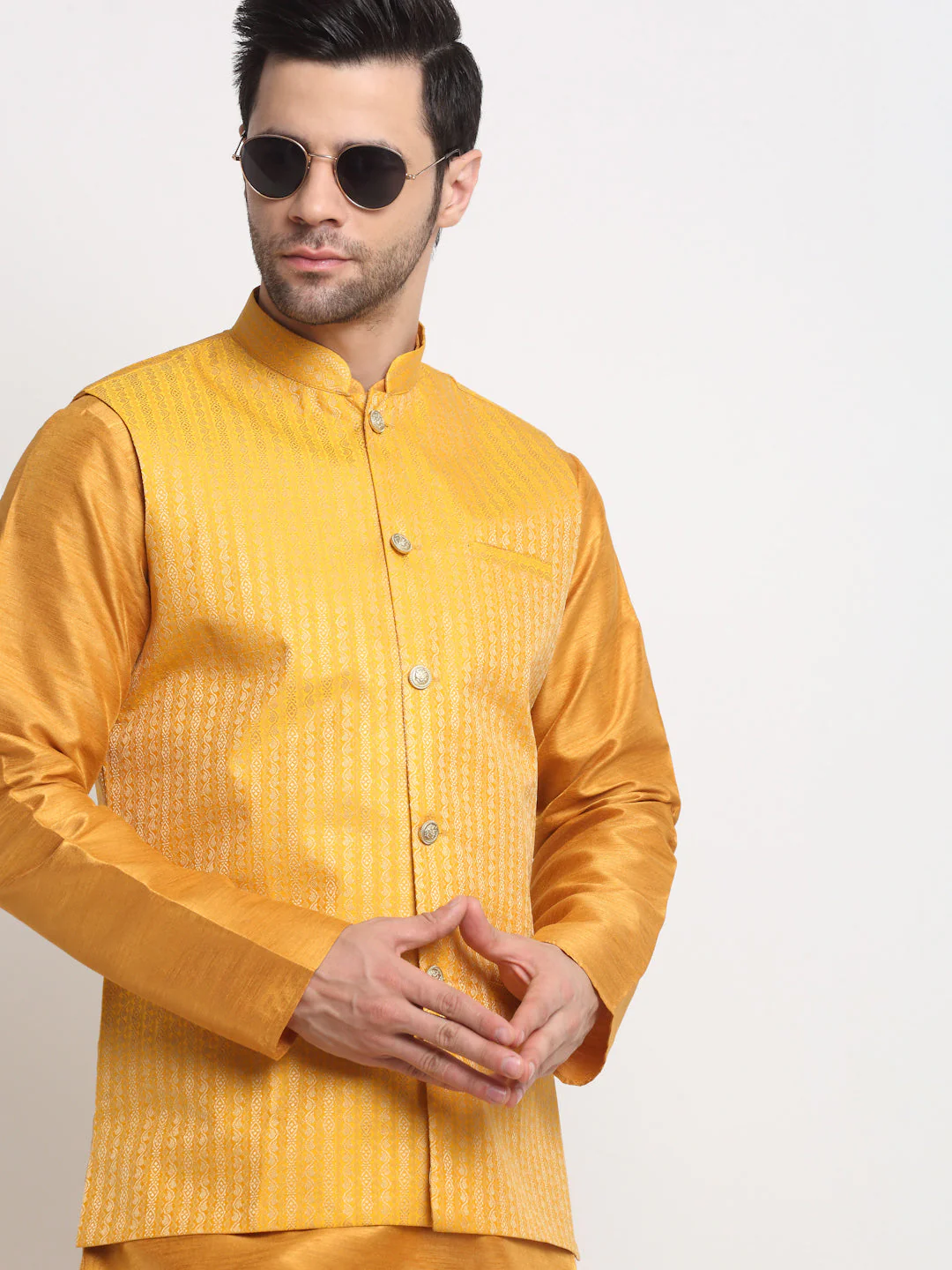 KRAFT INDIA Men's Silk Mustard Kurta Churidar with Nehru Jacket Set - Image 23