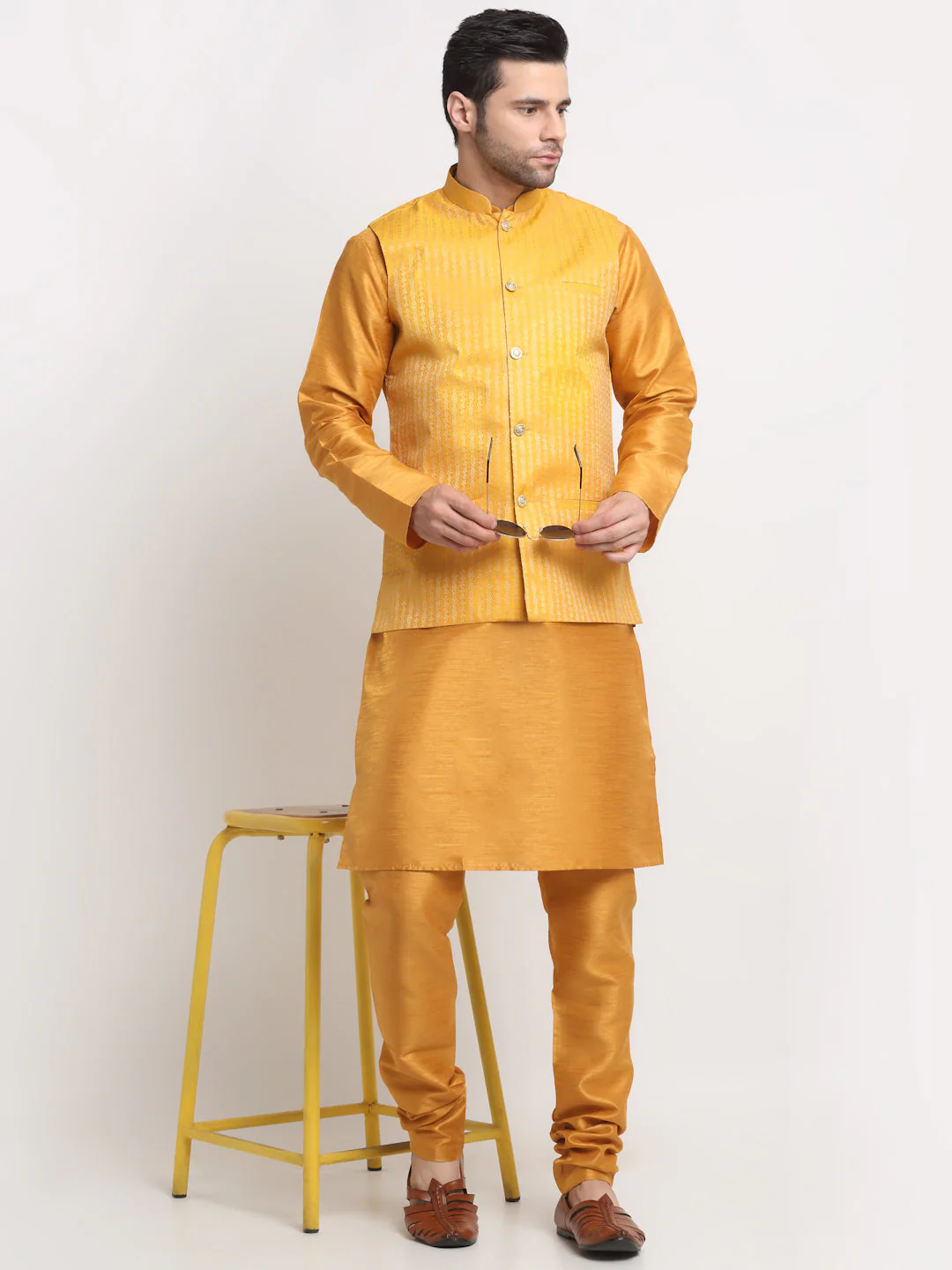 KRAFT INDIA Men's Silk Mustard Kurta Churidar with Nehru Jacket Set - Image 24