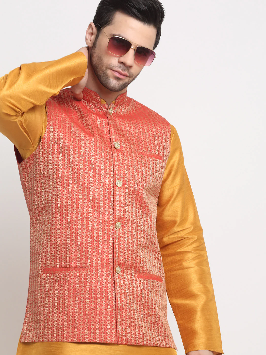 KRAFT INDIA Men's Silk Mustard Kurta Churidar with Nehru Jacket Set - Image 6