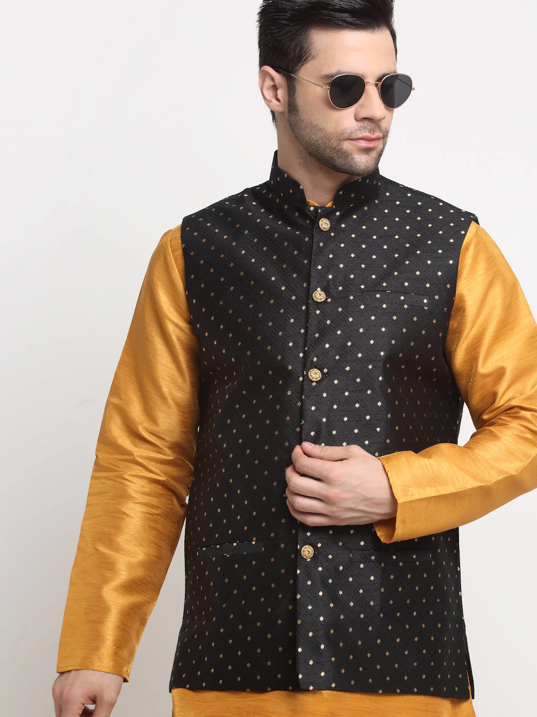 KRAFT INDIA Men's Silk Mustard Kurta Churidar With Polka Dotted Nehru Jacket Set - Image 15