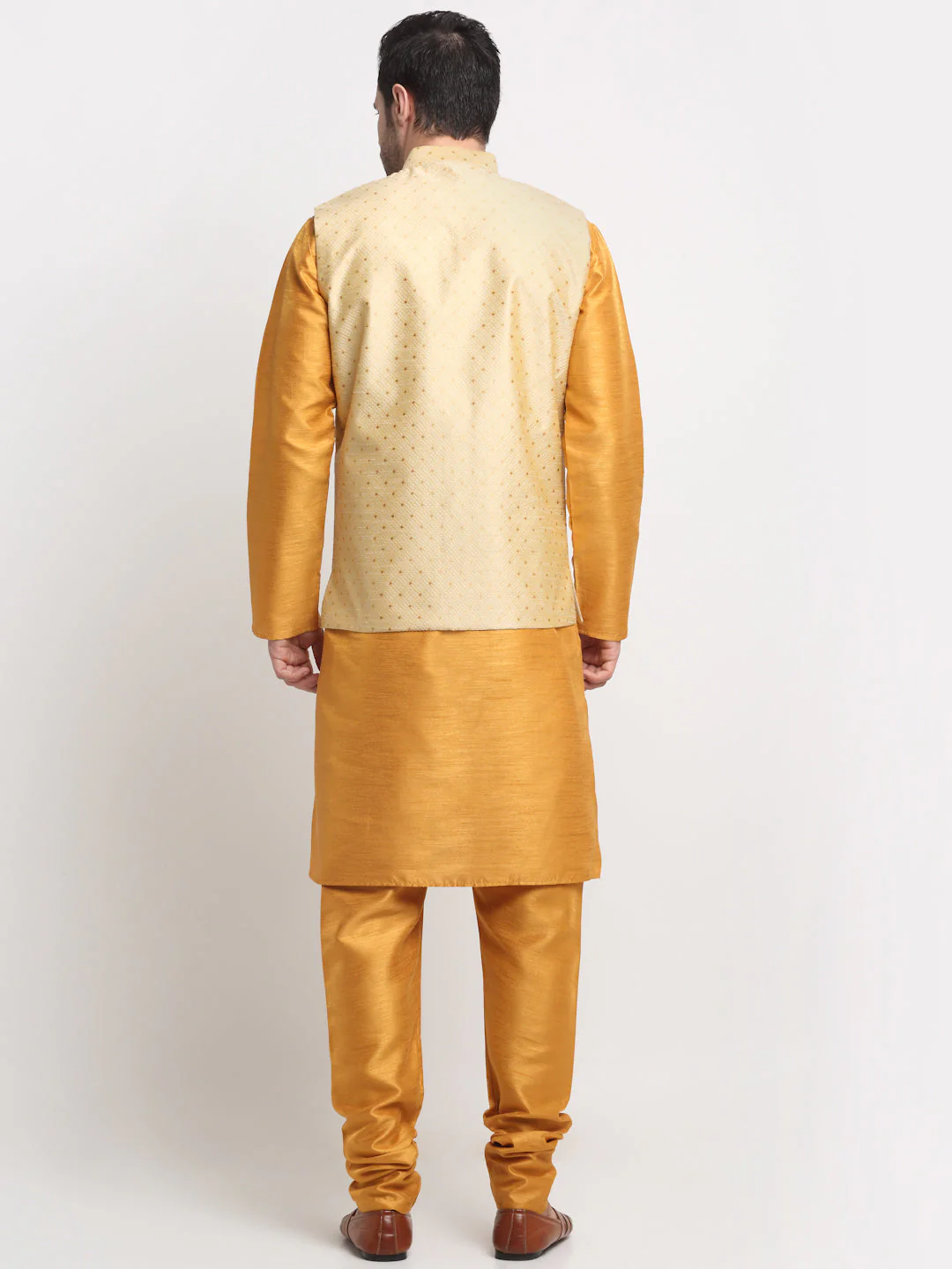KRAFT INDIA Men's Silk Mustard Kurta Churidar With Polka Dotted Nehru Jacket Set - Image 20