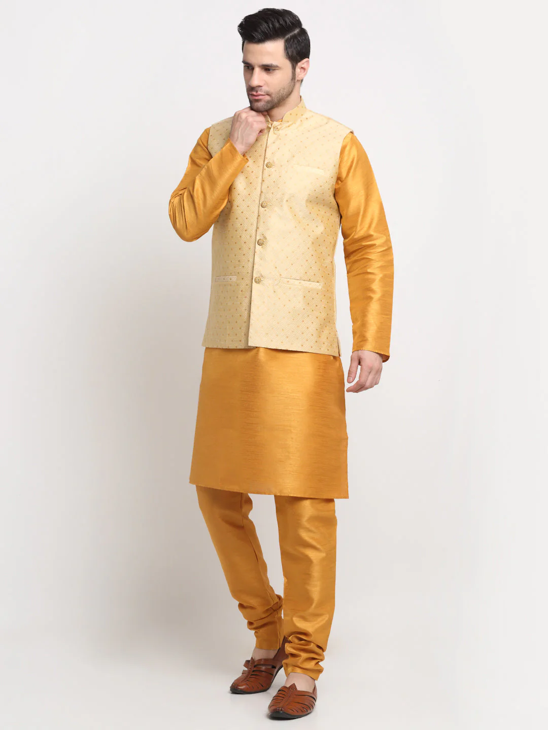 KRAFT INDIA Men's Silk Mustard Kurta Churidar With Polka Dotted Nehru Jacket Set - Image 21