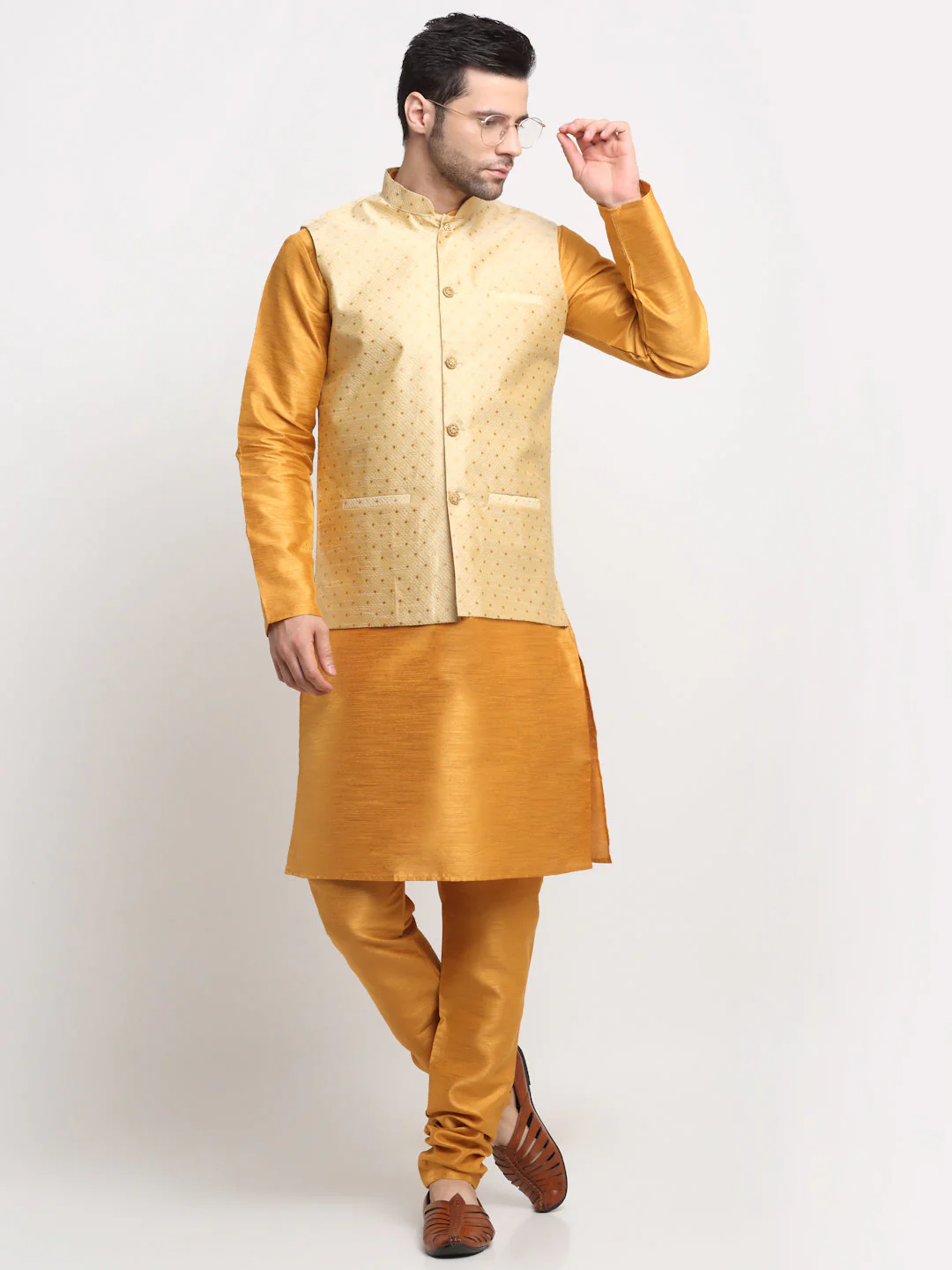 KRAFT INDIA Men's Silk Mustard Kurta Churidar With Polka Dotted Nehru Jacket Set - Image 23