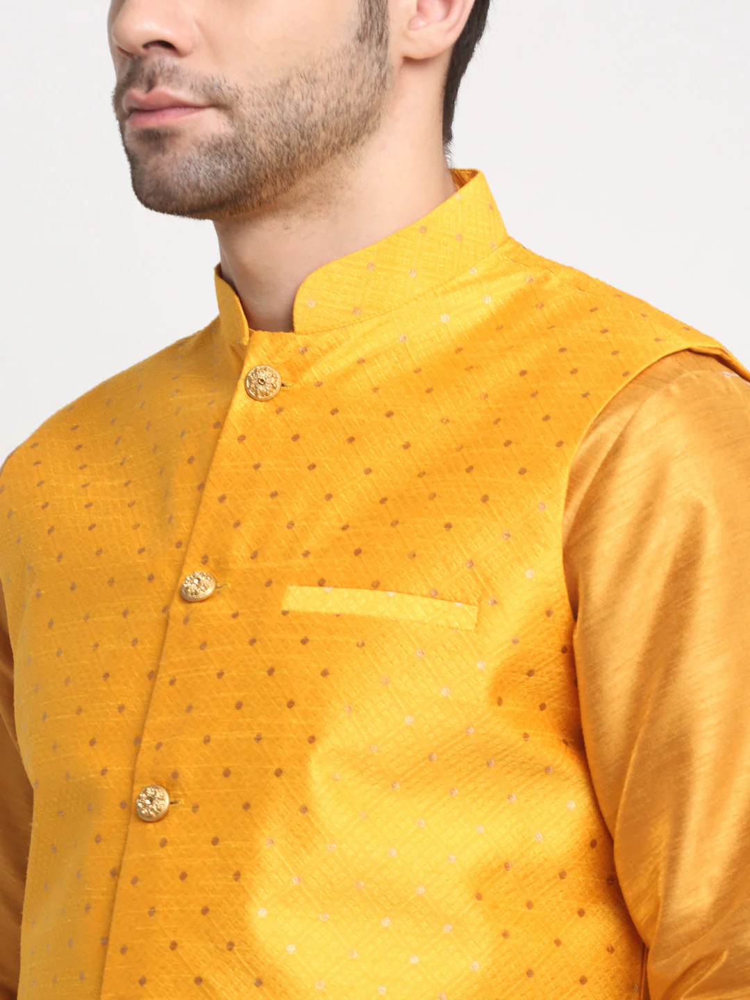 KRAFT INDIA Men's Silk Mustard Kurta Churidar With Polka Dotted Nehru Jacket Set - Image 30