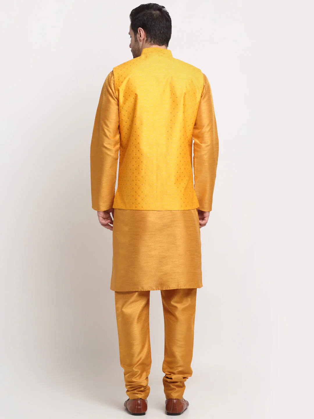 KRAFT INDIA Men's Silk Mustard Kurta Churidar With Polka Dotted Nehru Jacket Set - Image 31