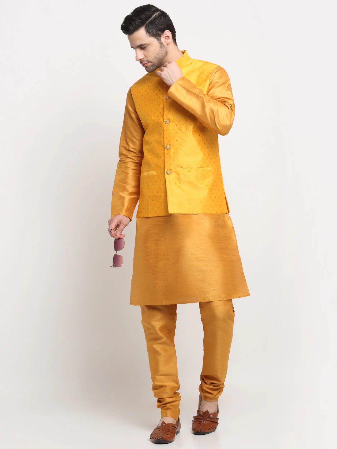 KRAFT INDIA Men's Silk Mustard Kurta Churidar With Polka Dotted Nehru Jacket Set - Image 32