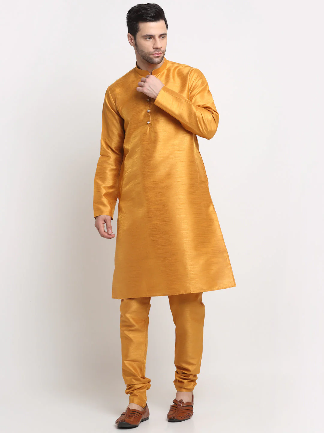 KRAFT INDIA Men's Silk Mustard Kurta Churidar With Polka Dotted Nehru Jacket Set - Image 7