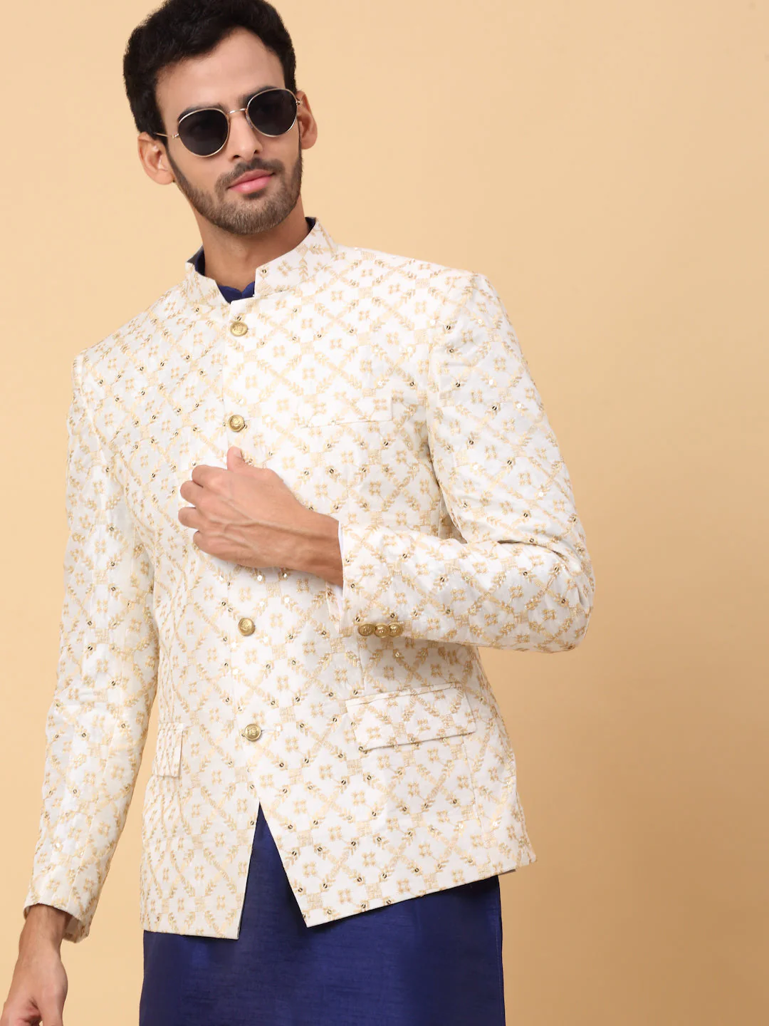KRAFT INDIA Men's Silk Navy Blue Kurta Churidar With Embroidered Zari Bandhgala Suit/Coat - Image 10