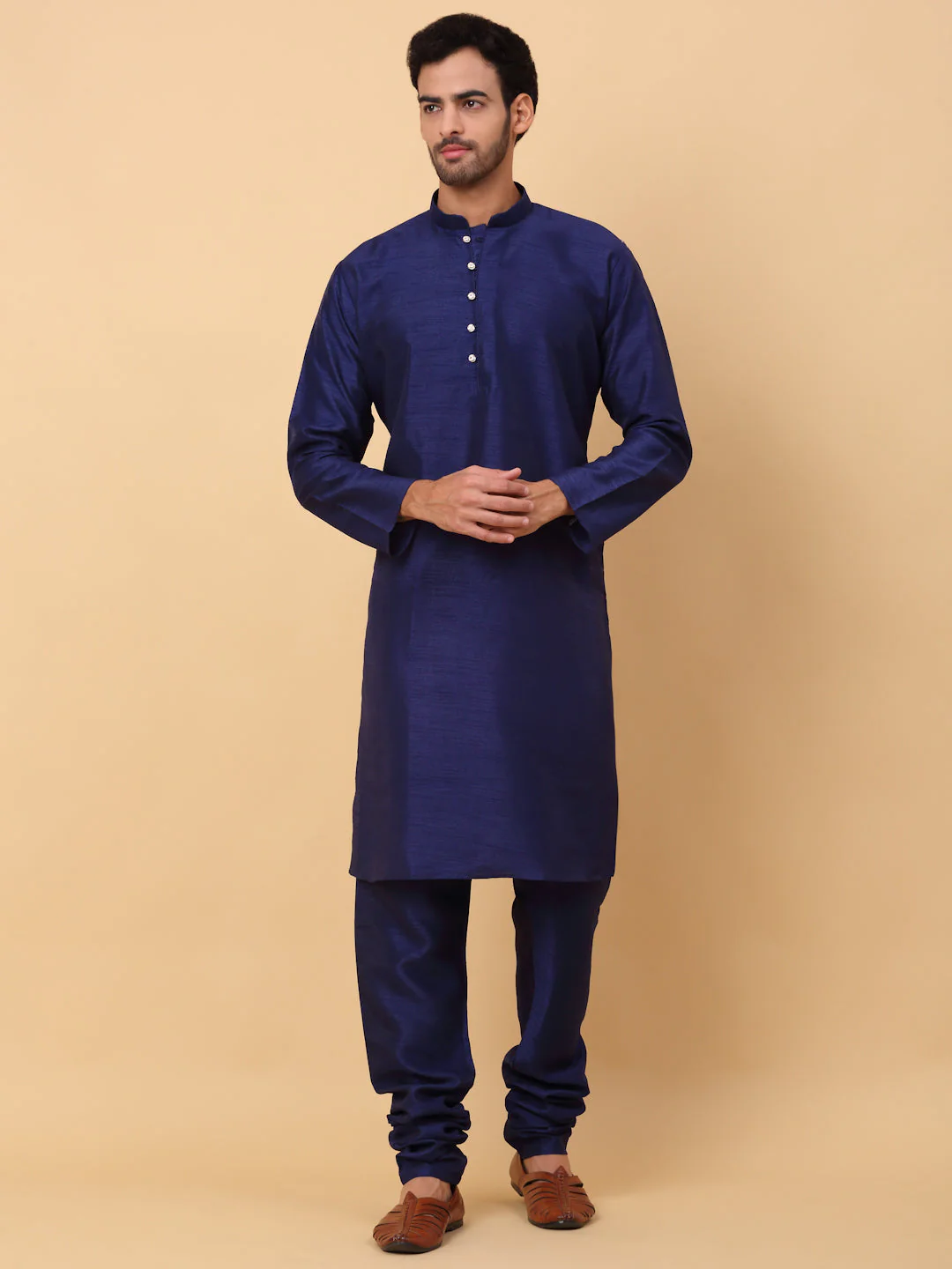 KRAFT INDIA Men's Silk Navy Blue Kurta Churidar With Embroidered Zari Bandhgala Suit/Coat - Image 19