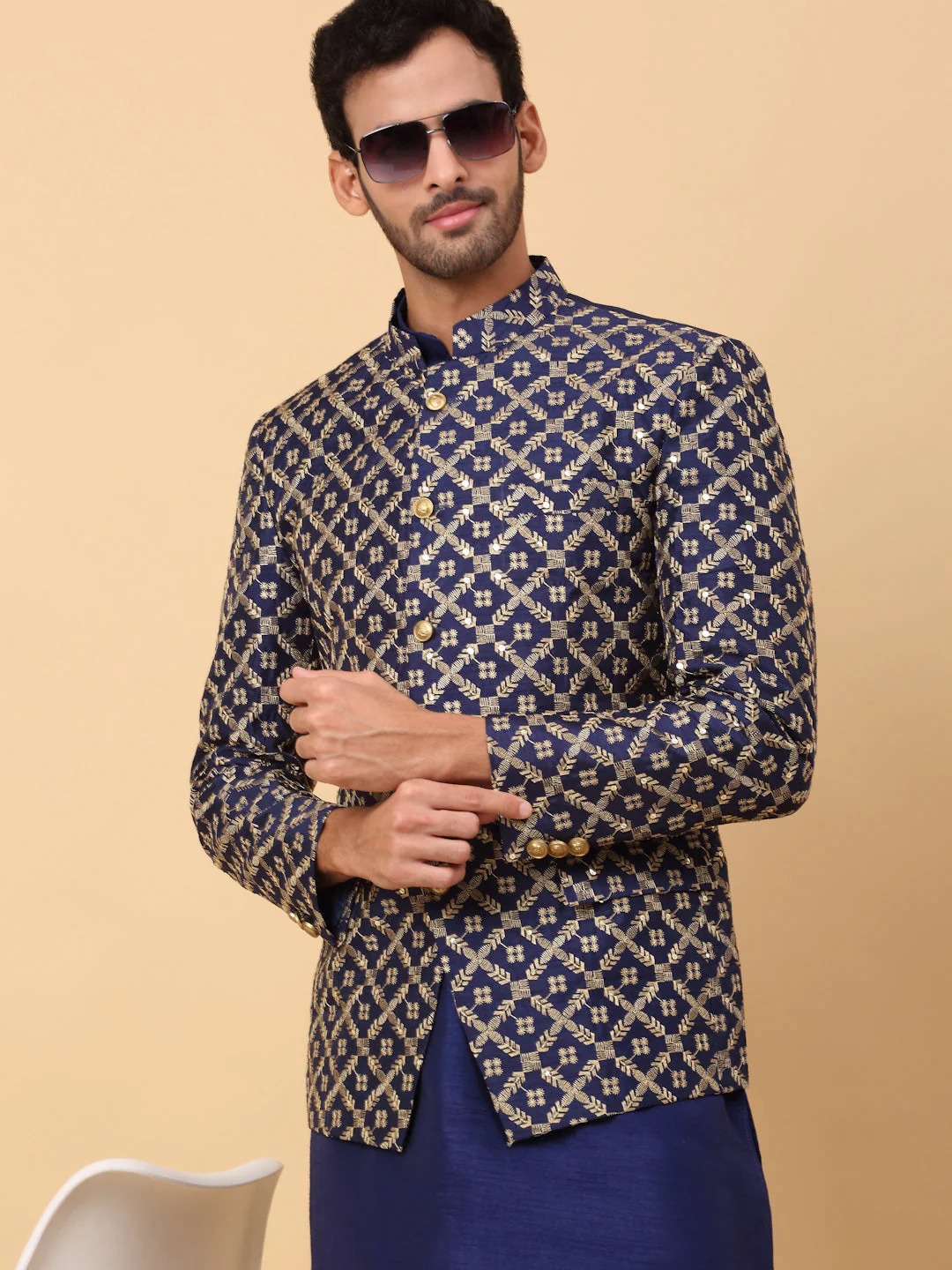 KRAFT INDIA Men's Silk Navy Blue Kurta Churidar With Embroidered Zari Bandhgala Suit/Coat - Image 20