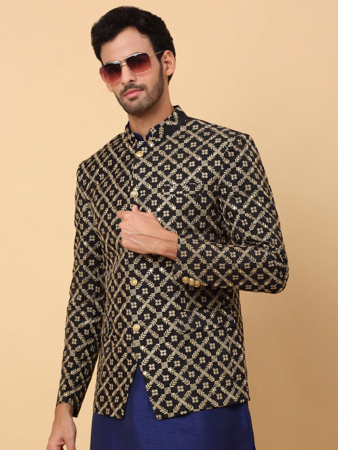 KRAFT INDIA Men's Silk Navy Blue Kurta Churidar With Embroidered Zari Bandhgala Suit/Coat - Image 5