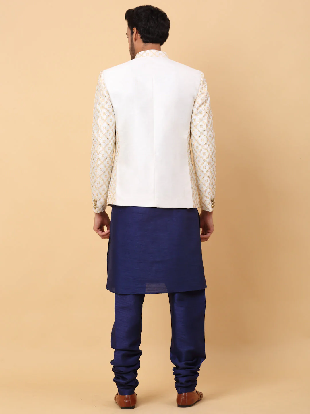 KRAFT INDIA Men's Silk Navy Blue Kurta Churidar With Embroidered Zari Bandhgala Suit/Coat - Image 7