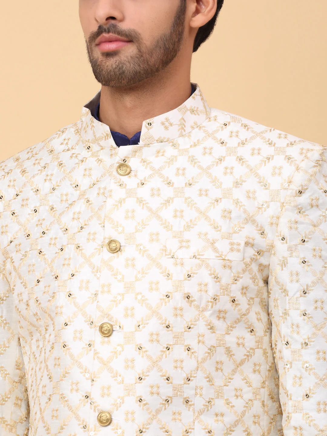 KRAFT INDIA Men's Silk Navy Blue Kurta Churidar With Embroidered Zari Bandhgala Suit/Coat - Image 8