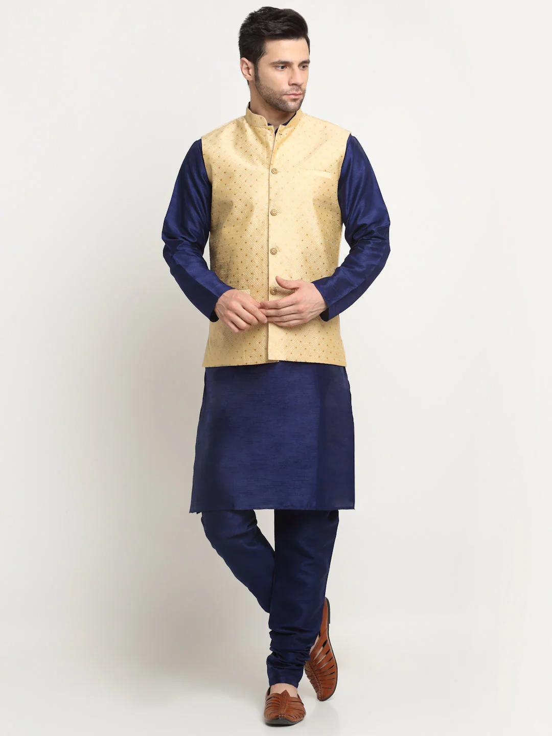 KRAFT INDIA Men's Silk Navy Blue Kurta Churidar With Polka Dotted Nehru Jacket Set - Image 10