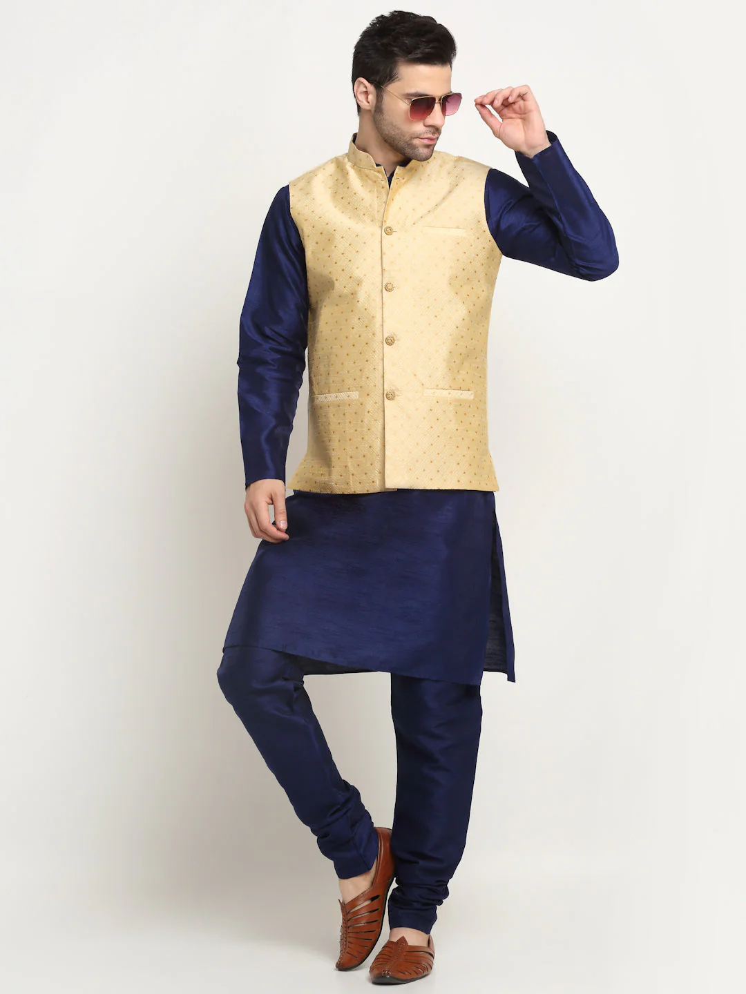 KRAFT INDIA Men's Silk Navy Blue Kurta Churidar With Polka Dotted Nehru Jacket Set - Image 14