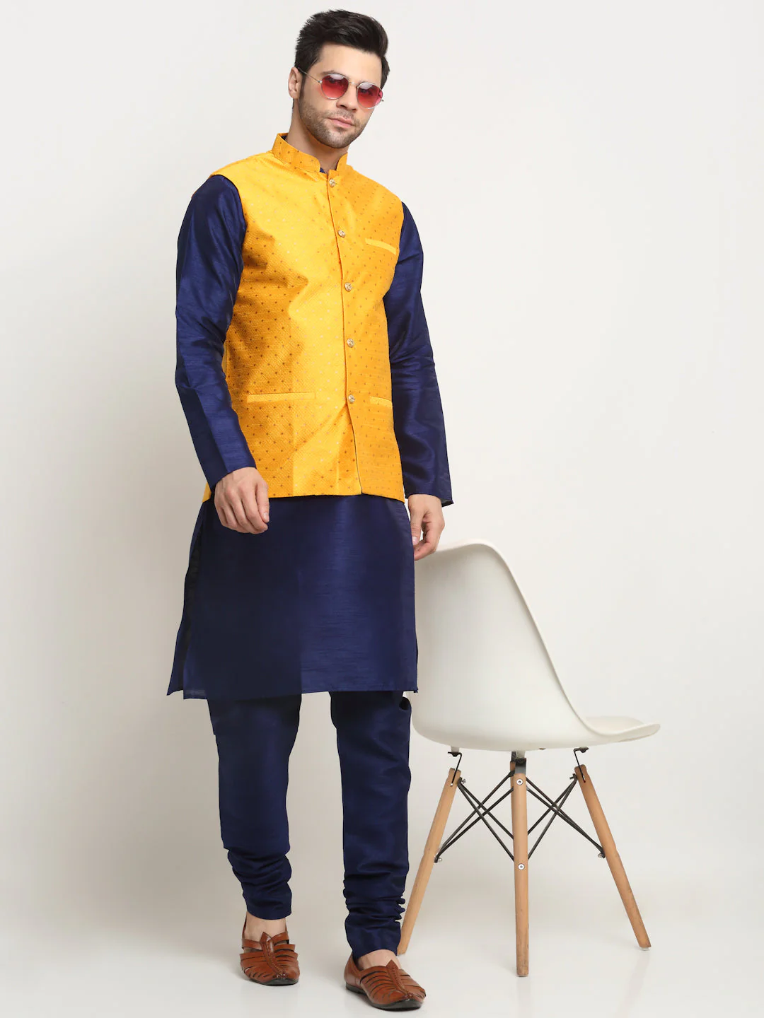 KRAFT INDIA Men's Silk Navy Blue Kurta Churidar With Polka Dotted Nehru Jacket Set - Image 5