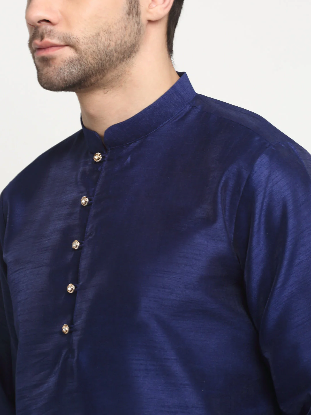 KRAFT INDIA Men's Silk Navy Blue Kurta Churidar With Polka Dotted Nehru Jacket Set - Image 8