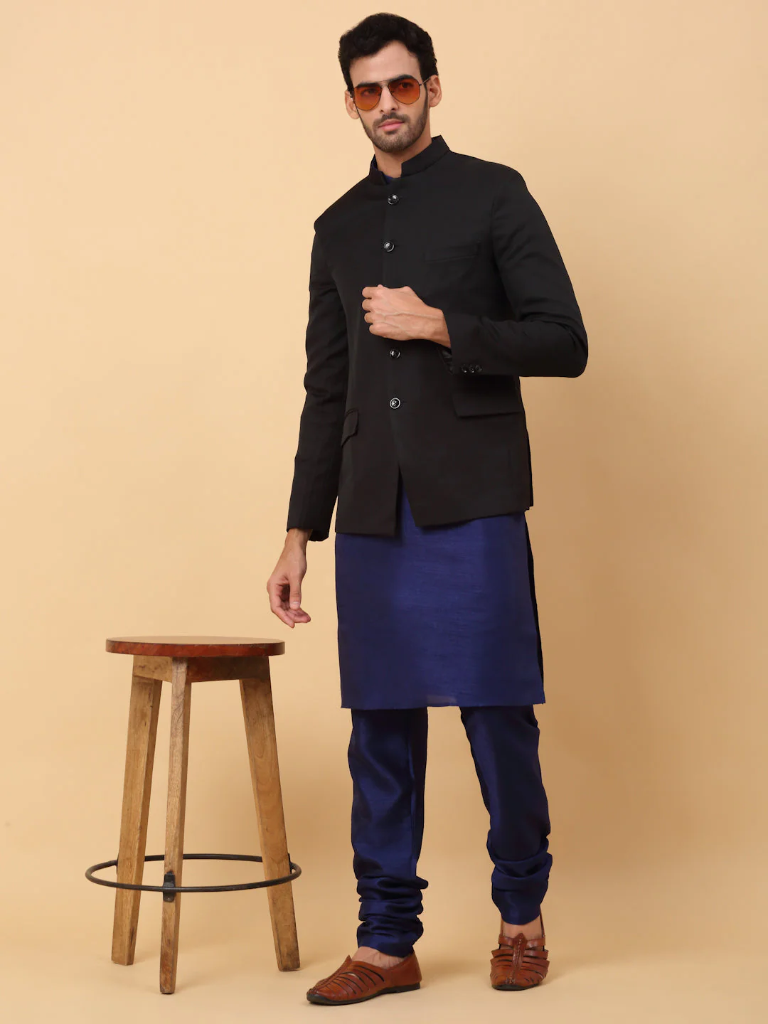KRAFT INDIA Men's Silk Navy Blue Kurta Churidar With Solid Twill Bandhgala Suit/Coat