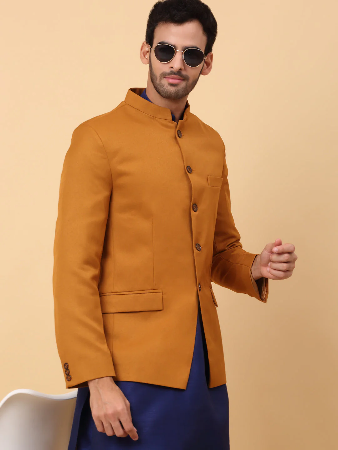 KRAFT INDIA Men's Silk Navy Blue Kurta Churidar With Solid Twill Bandhgala Suit/Coat - Image 12