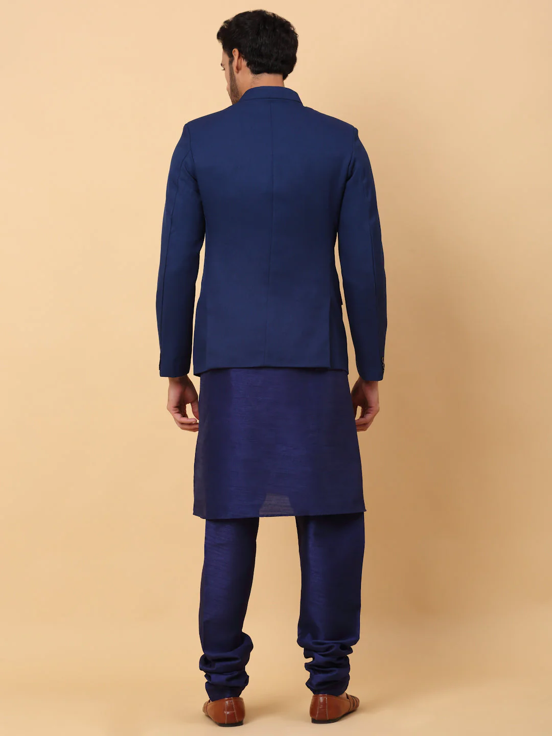 KRAFT INDIA Men's Silk Navy Blue Kurta Churidar With Solid Twill Bandhgala Suit/Coat - Image 14