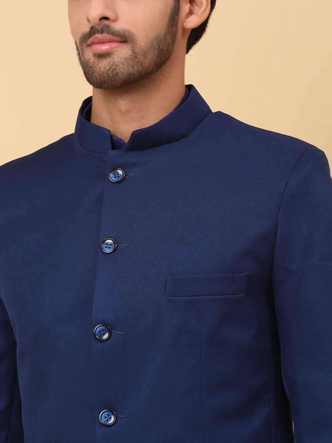 KRAFT INDIA Men's Silk Navy Blue Kurta Churidar With Solid Twill Bandhgala Suit/Coat - Image 15