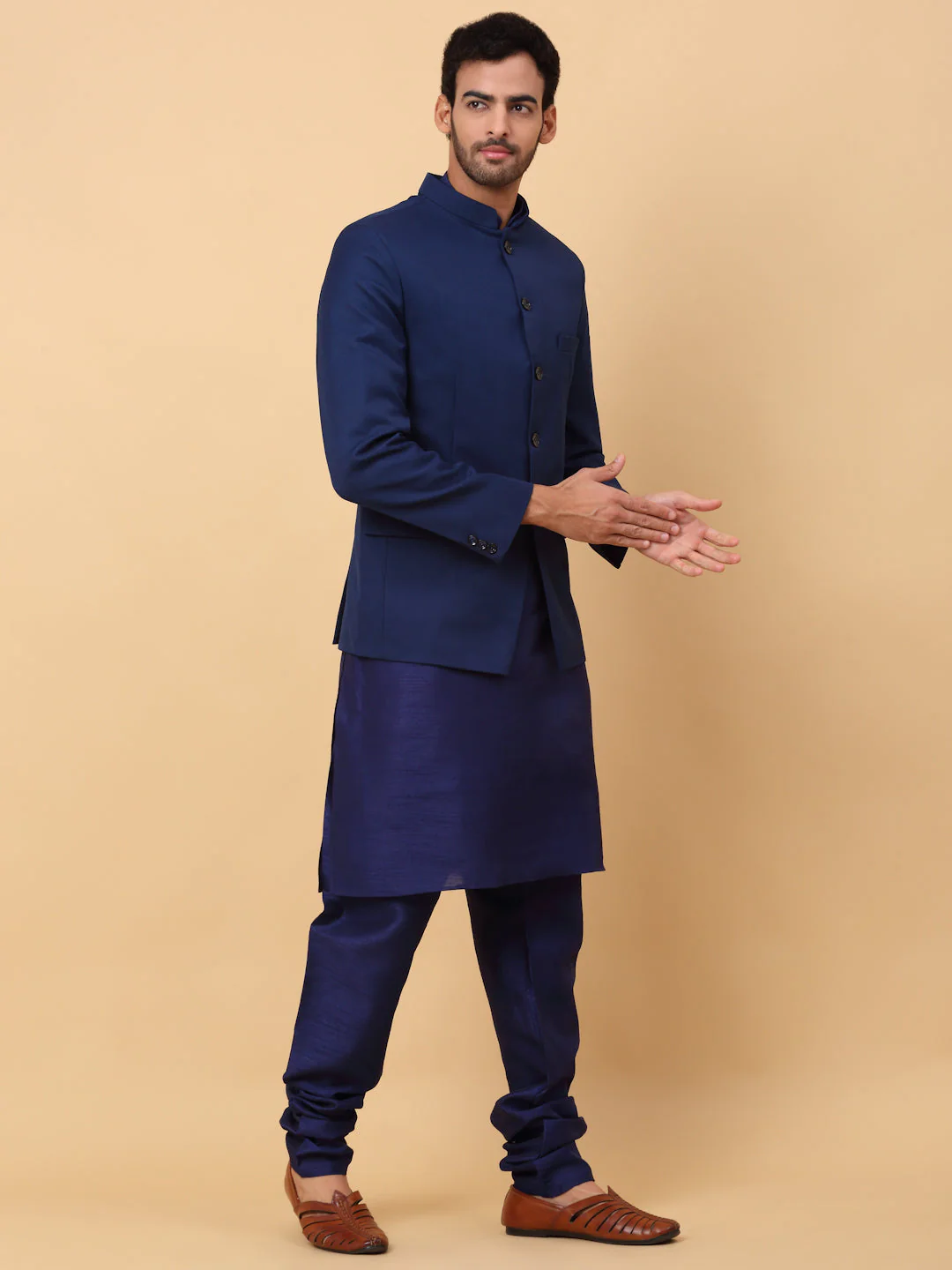 KRAFT INDIA Men's Silk Navy Blue Kurta Churidar With Solid Twill Bandhgala Suit/Coat - Image 16