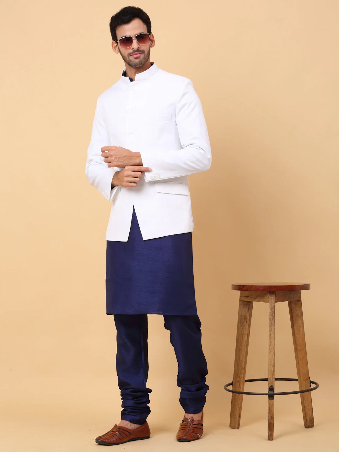 KRAFT INDIA Men's Silk Navy Blue Kurta Churidar With Solid Twill Bandhgala Suit/Coat - Image 17
