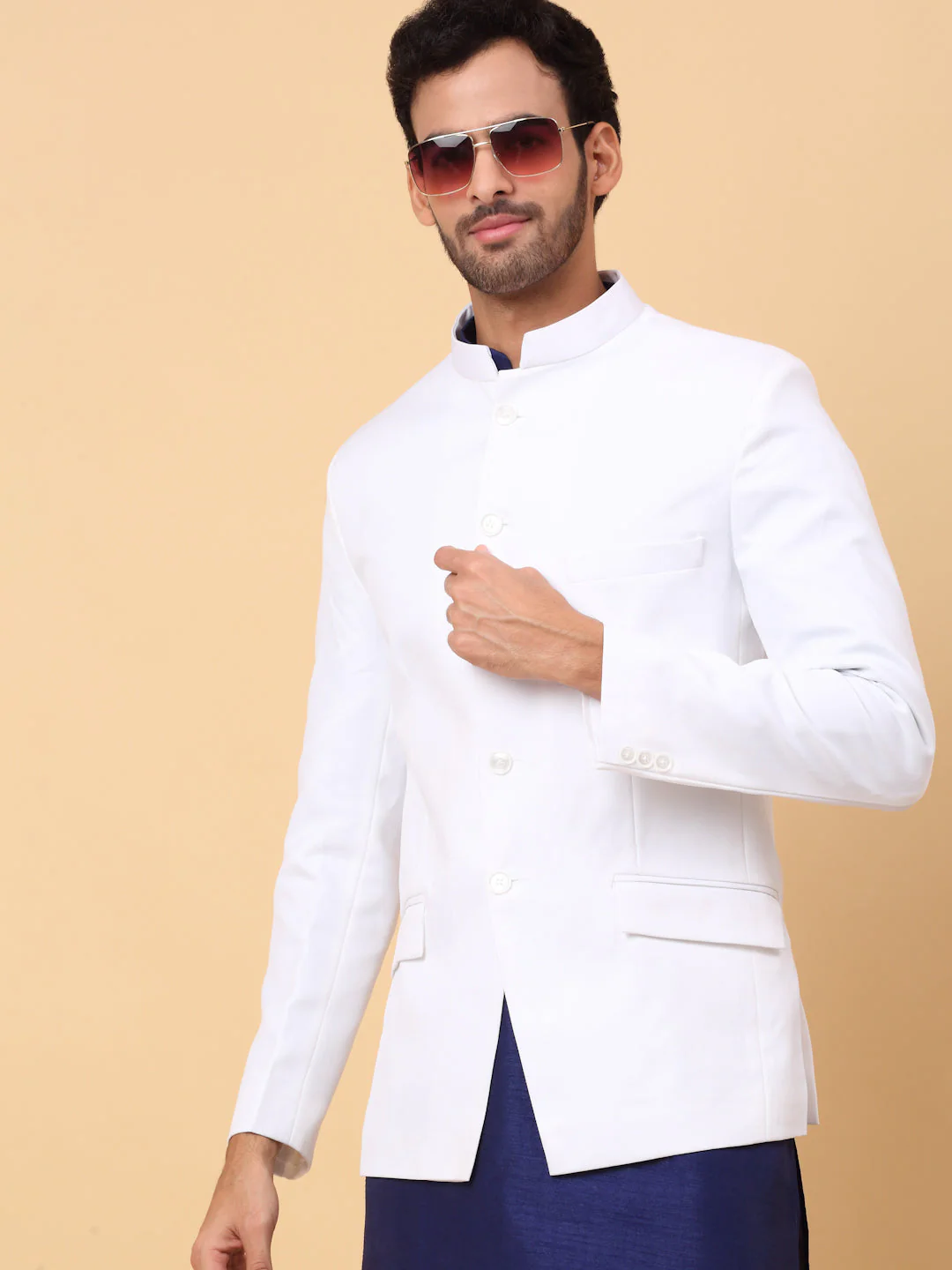 KRAFT INDIA Men's Silk Navy Blue Kurta Churidar With Solid Twill Bandhgala Suit/Coat - Image 21