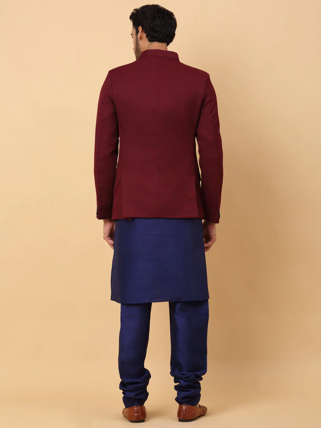KRAFT INDIA Men's Silk Navy Blue Kurta Churidar With Solid Twill Bandhgala Suit/Coat - Image 6